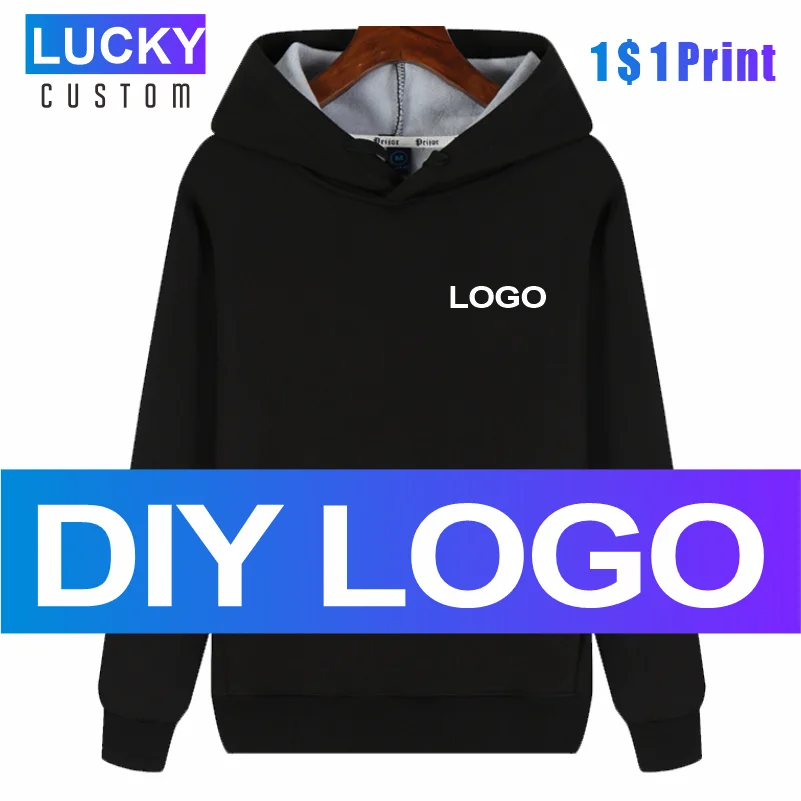 Winter Men's Long-Sleeved Sweatshirt Plus Velvet Warm Hoodie Custom Printed Embroidery Logo Casual Solid Color Top 3xl