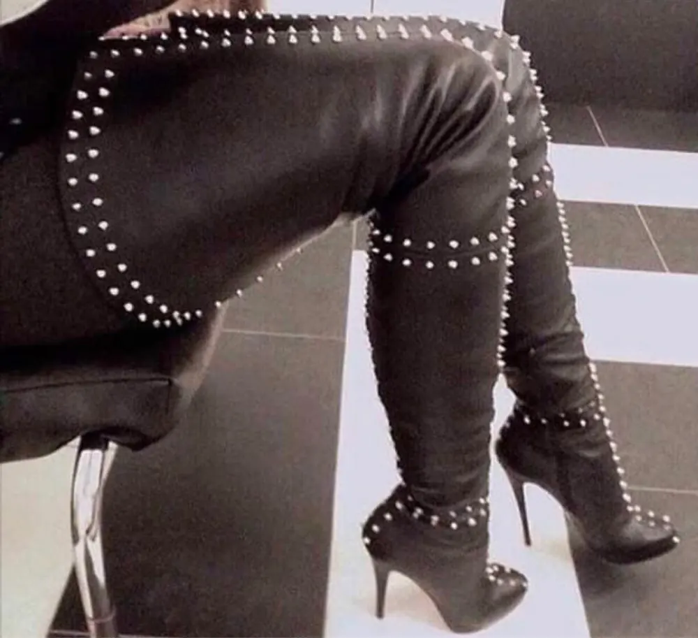 

New Women OverKnee Boots Sexy Rivets Stiletto Thin High Heels Boots Round Toe Black Night Club Shoes Women Pumk Rain Booties