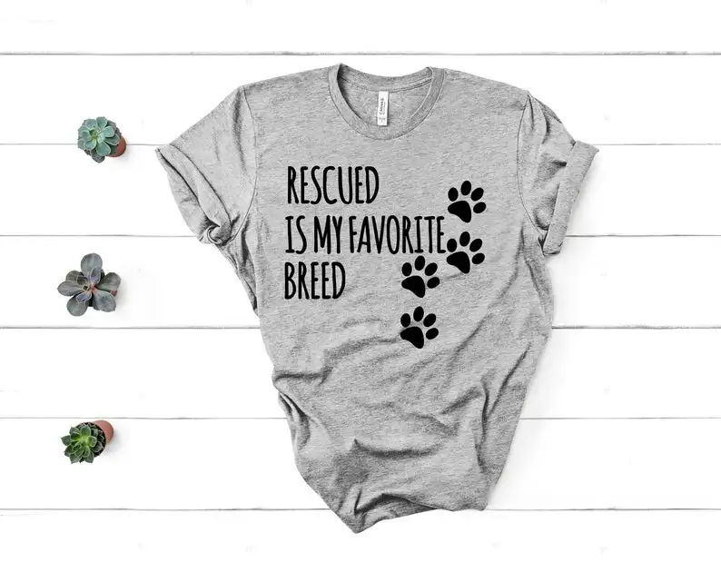 Rescued Is My Favorite Breed Dog Paw Mom Shirt Fashion Funny Graphic Tees Women Cotton O Neck Casual Tshirts Short Sleeve Tops