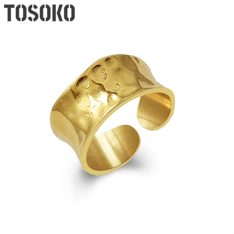 

TOSOKO Stainless Steel Jewelry Time Mark Uneven Handmade Ring Opening Design Women Fashion Ring BSA167