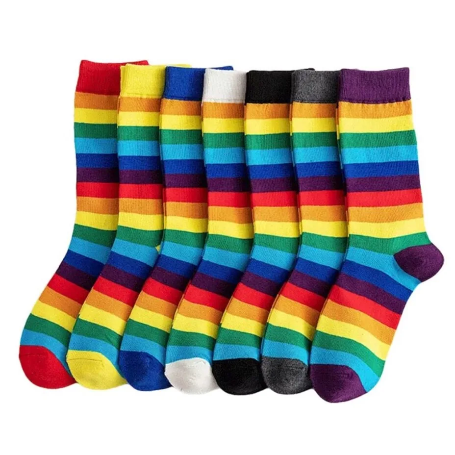 Socks Women\'s Rainbow Lovers Spring Summer Colorful Print Stripe Cotton Outdoor Sport  Street Harajuku Kawai Men Socks