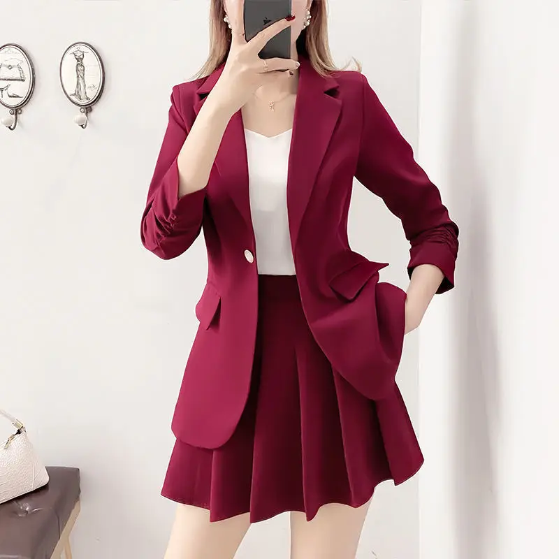 2021 Red Suit Women\'s Dress Autumn Fashion Temperament Small Business Suit Coat Ladies Pleated Skirt Two-Piece Set