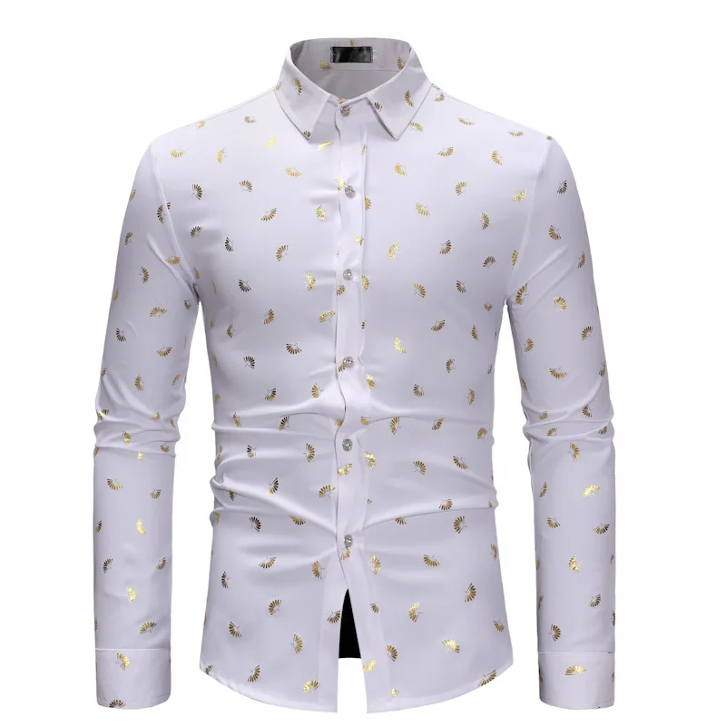 Fashion Shiny Gold Printed Shirt Men Chemise 2022 Brand Slim Fit Long Sleeve Mens Dress Shirts Business Casual White Shirt Man