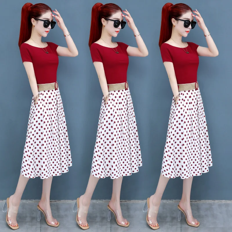 Women Summer T Shirt 2-piece Set Off shoulder Basic Tees+High Waist Leaf Print Skirt Sets Fashion Suit With Free Braided Belt