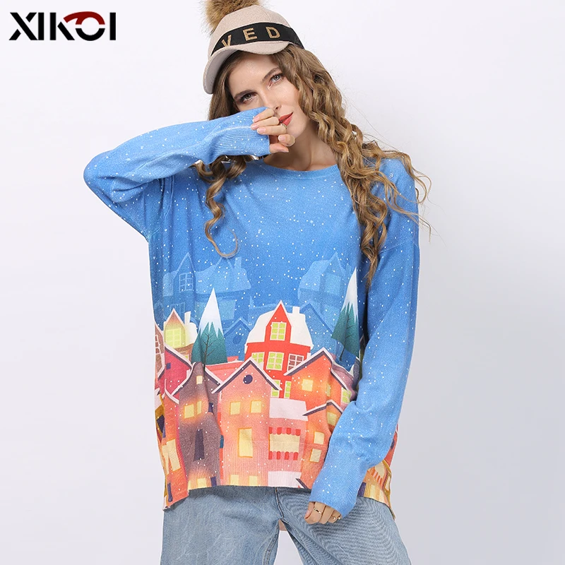 XIKOI Ladies Snow House Printed Sweater Fashion Women Christmas O-Neck Long Sleeve Blue Pullover Loose Sweaters Tops Jumper Pull