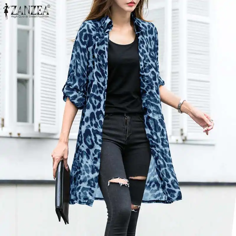 ZANZEA-blusas estampadas con estampado de leopardo para mujer, cárdigans largos, Kimono, capa, Túnica con solapa, Top, 2023