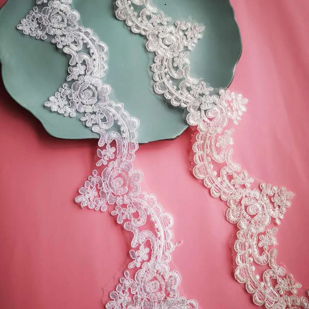 3Yard/7cm White Ivory Cording Edge Polyester Embroidery Lace Trim for Bridal Wedding Gown Costume Design Lace Ribbon