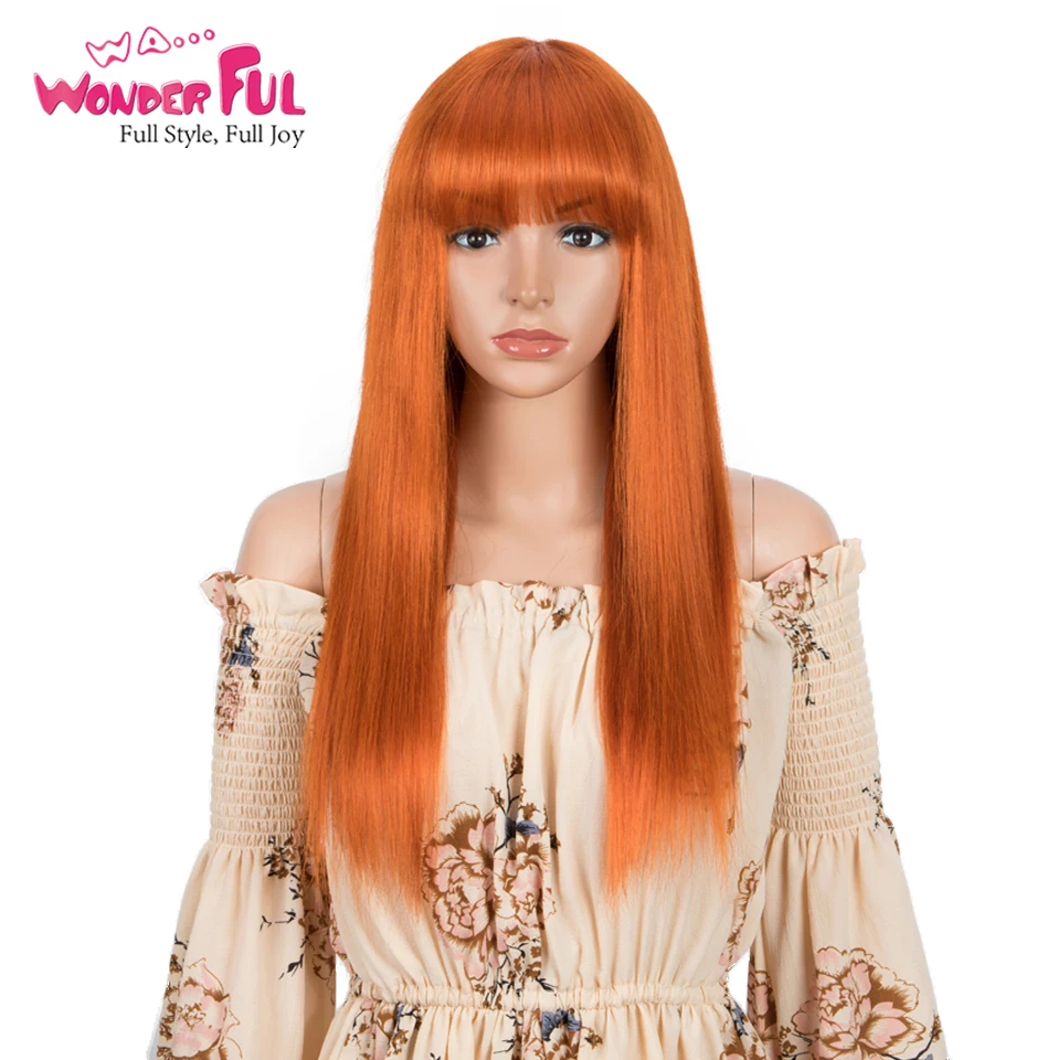 Wonderful Human Hair Wigs  Orange Straight Hair Wigs With Bangs For Women Colored Brazilian Hair Natural Cosplay Bob Wig