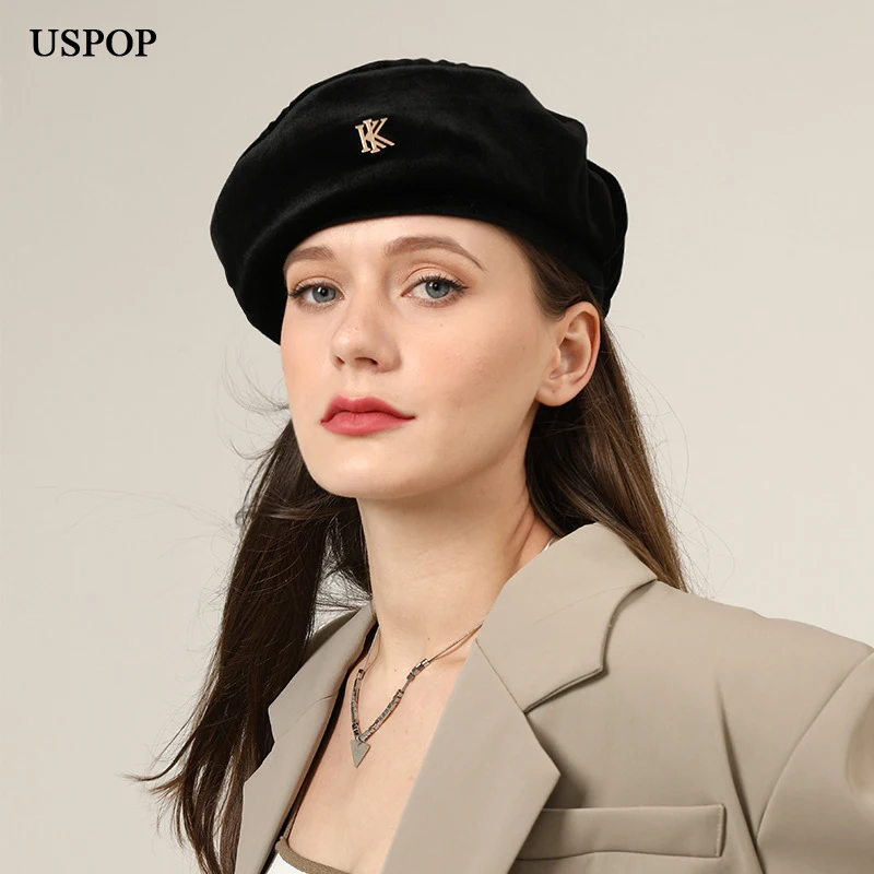 

USPOP Winter Hats Women Berets Soft Velvet Warm Black Letter Beret