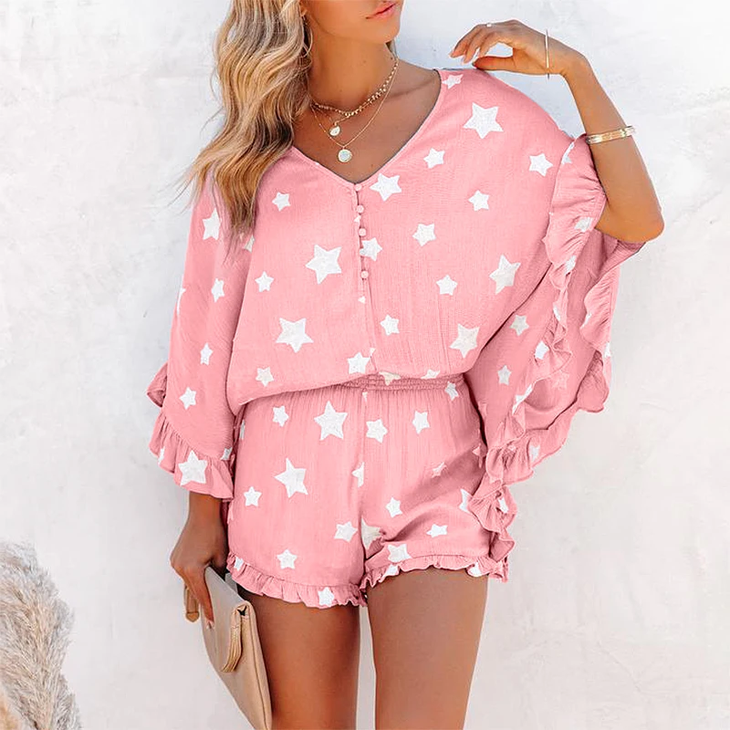 Rocwickline New Summer and Autumn Women's Suit Casual Solid V-Neck Butterfly Sleeve Ruffles Loose Preppy Style Sweet Slim Suit