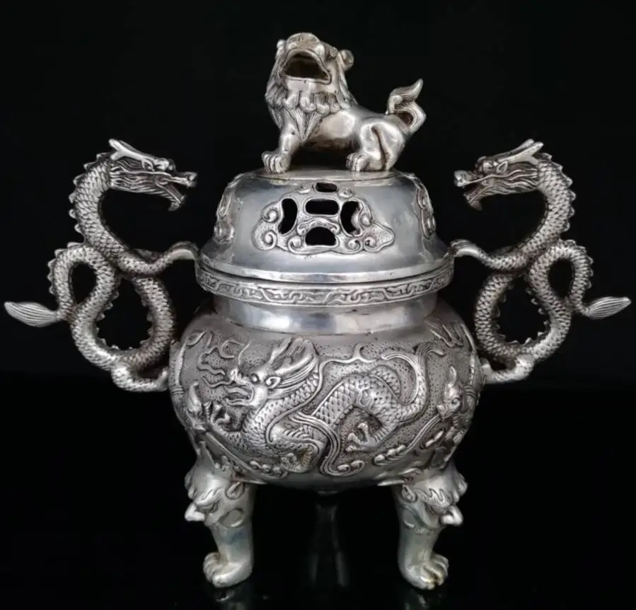 China White copper Double Dragon lion lid incense burner crafts statue