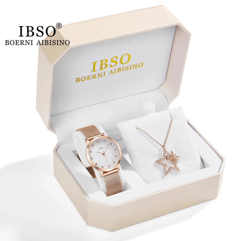 

IBSO Brand Women Rose Gold Watch Necklace Set Female Star Jewelry Set Fashion Creative Crystal Quartz Watch Lady's Gift