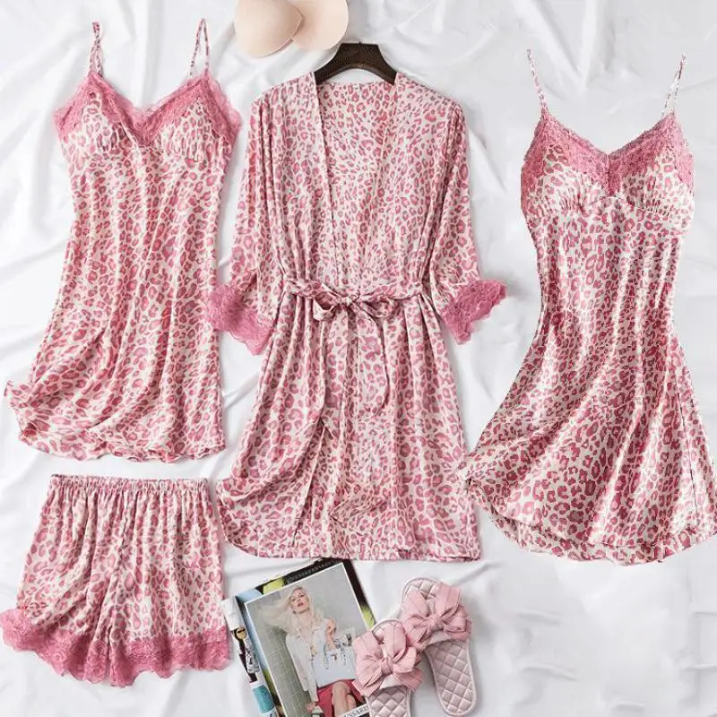 Print Leopard 4PCS Sleep Set Pajamas Female Loose Satin Pyjamas Sleepwear Sexy Casual Home Wear Suits Lace Trim Women Nightwear