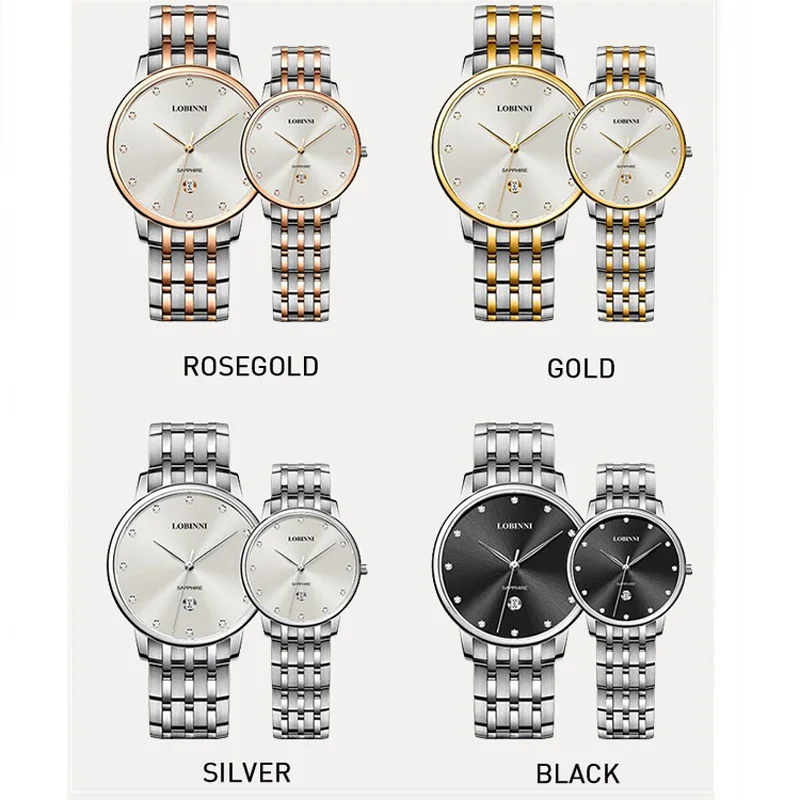 LOBINNI, caja dorada de acero inoxidable, cristal de zafiro, reloj resistente al agua, par de relojes para parejas, relojes de cuarzo MIYOTA para hombres y mujeres