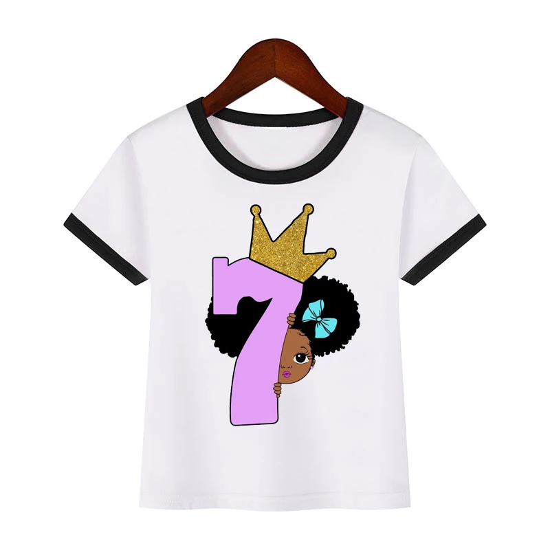 Camiseta con estampado de princesas para niñas, ropa personalizada con estampado de números, pequeña melanina negra, regalo de cumpleaños