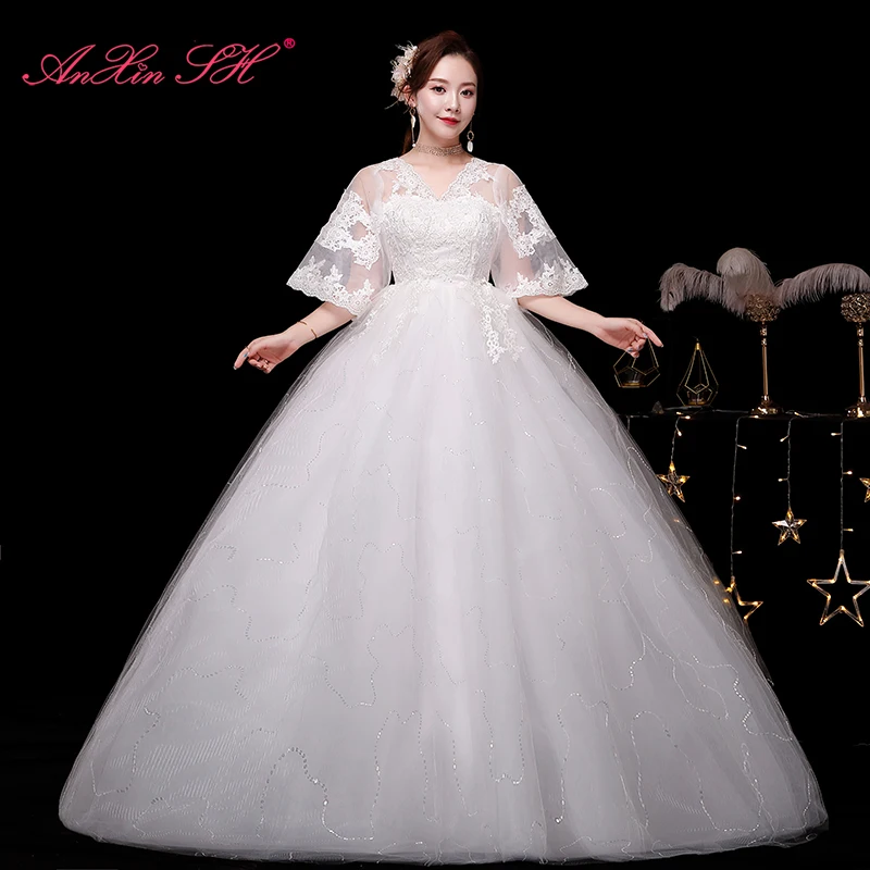 AnXin SH-Robe de Rhen dentelle blanche à fleurs de princesse, robe de soirée vintage, col en V, demi-manche, dentelle blanche, robe de mariée personnalisée