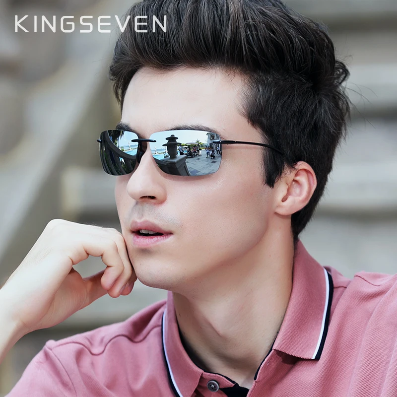 KINGSEVEN-Lunettes de soleil carrées sans monture pour hommes et femmes, lunettes sans monture, lentille miroir, ultralégère, haute qualité, marque