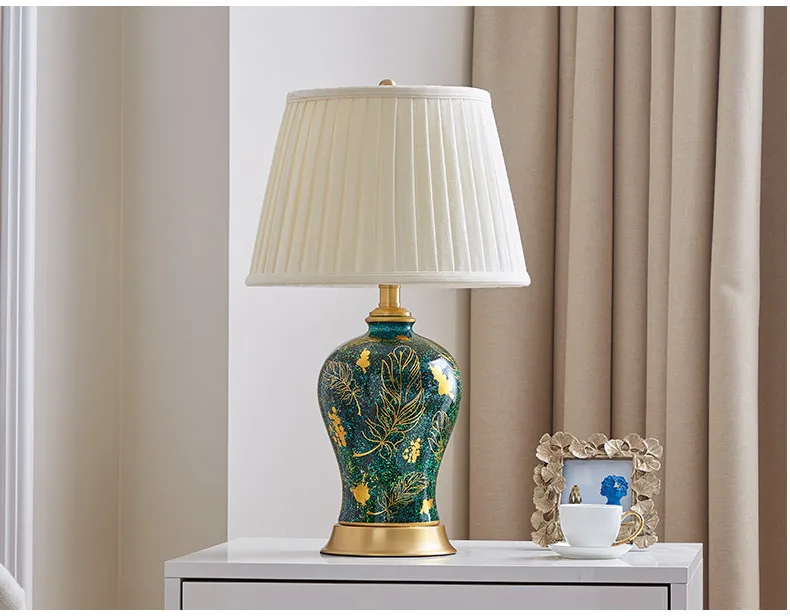 American small green ceramic Table Lamps Classic fashion touch switch fabric E27 LED copper lamp for bedside&foyer&studio MF010
