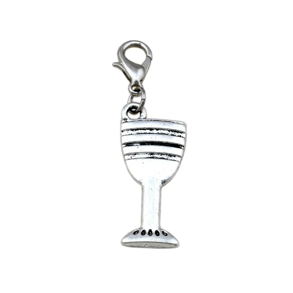 50pcs Tibetan Silver Zinc Alloy Goblet Wine Glass Cup Charms With Lobster Clasp Fit Charm Bracelets DIY Jewelry 12x42mm A-112b