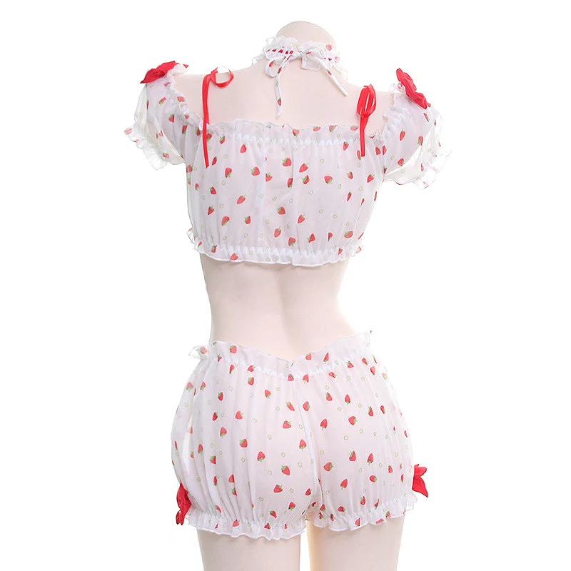 Women Sweet Strawberry Print Lingerie Set Ruffles Bowknot Crop Top Shorts Pajamas Kawaii Anime Lolita Cosplay Nightwear Lingerie