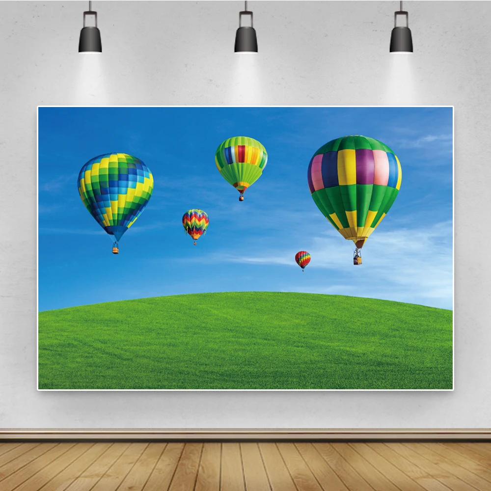 Laeacco Frühling Grün Grünland Heißer Luft Luftballons Blau Himmel Bewölkt Natural Scenic Fotografie Hintergrund Foto Hintergrund Fotostudio