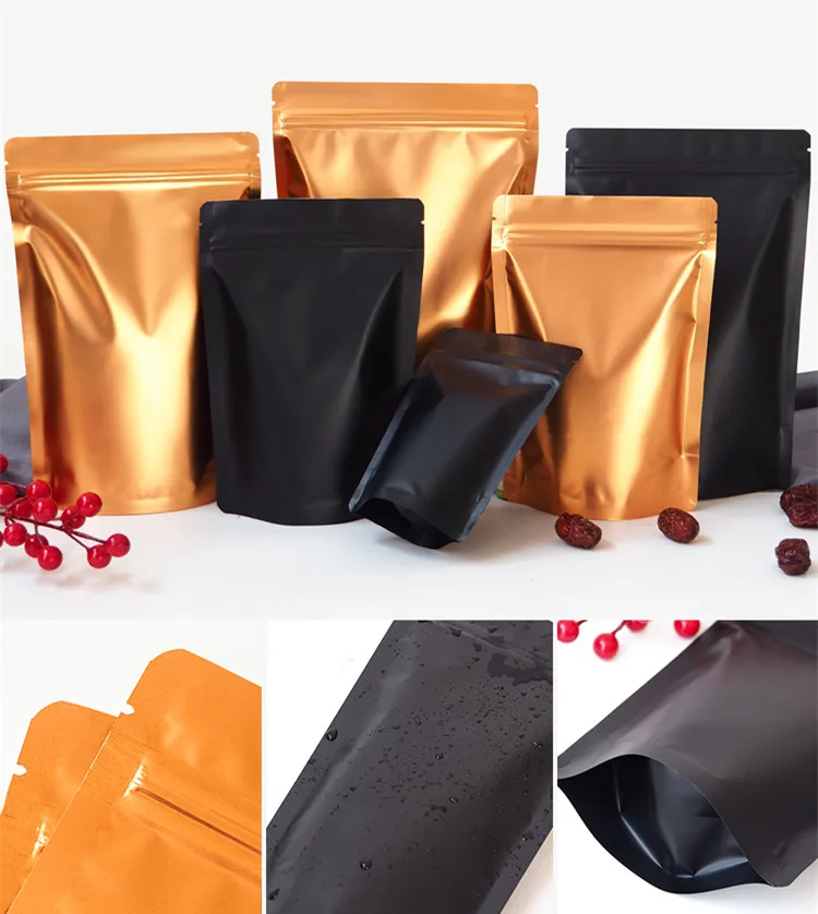 100PCS Stand Up Resealable Matte Black/Gold Zipper Packaging Bag Snack Corn Coffee Chocolate Dried Fruit Sugar Candy Tea Pouches