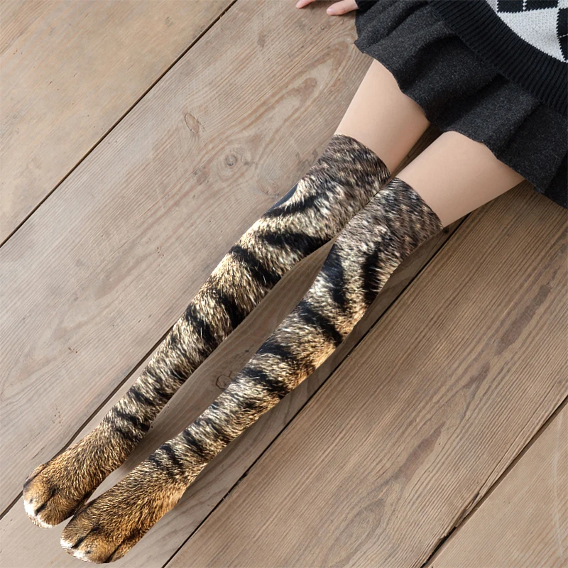 Calcetines por encima de la rodilla con estampado 3D de animales para mujer, medias de dibujos animados de gato, garra de Tigre, calcetines altos