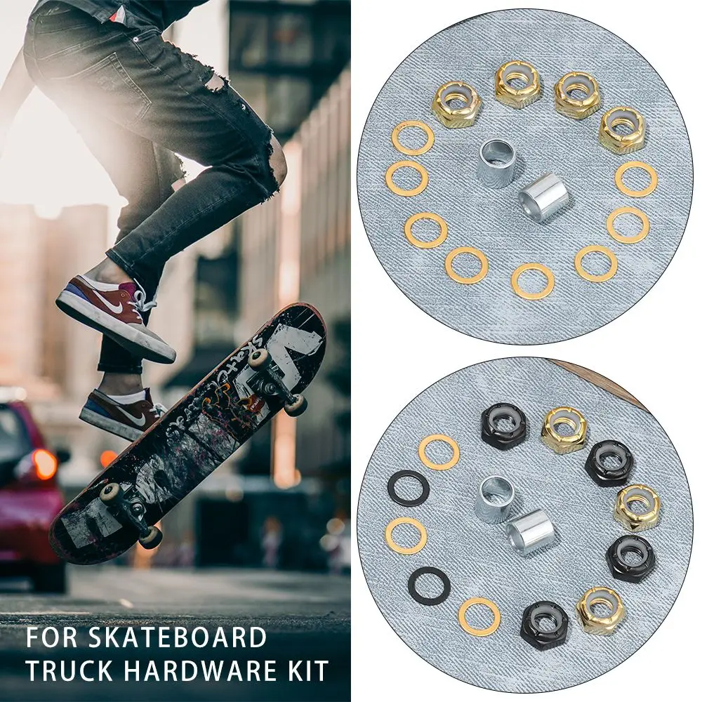 

16pcs Black/Gold Accessories Kit Skateboard Truck Hardware Spacers Axle Nuts Speed Rings Skateboard Longboard Parts