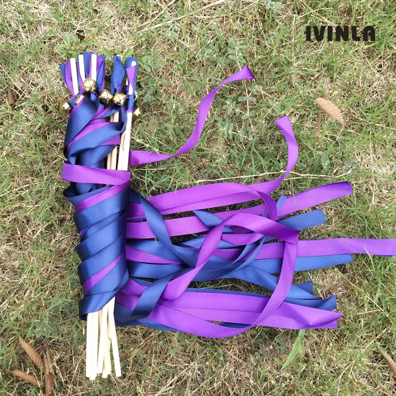 50pcs/lot purple and navy wedding ribbon wands stick with sliver bell  for wedding decoration