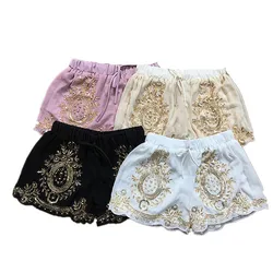 Sidaimi Women Summer Chiffon Shorts Floral Beading Wide Leg Shorts Sequined Bling Vocation Shorts Capris Female