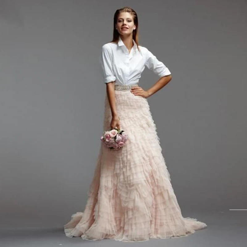 Cropped Light Pink Tulle Floor Length Bohemian Skirt Tiered Elastic Formal Party Wear Handmade Feminine Maxi Skirts