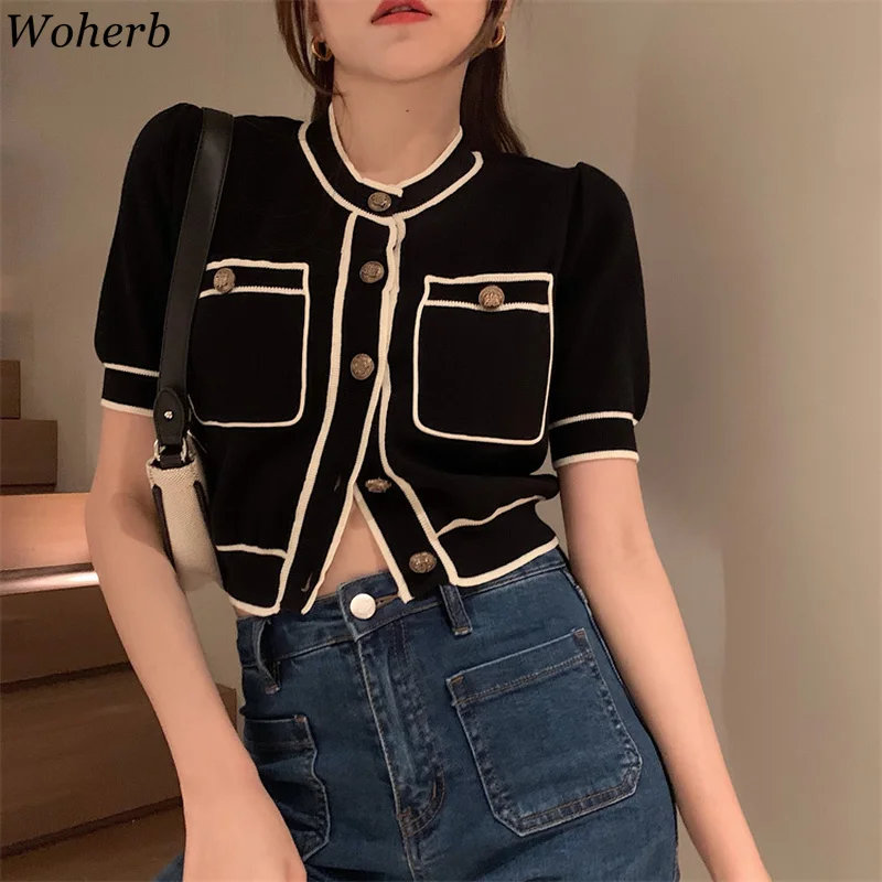 Woherb Stylish Vintage Contrast Color Knitted Cardigan Women 2024 Summer Short Sleeve Thin Female Knitwear Tops Sweater Coat