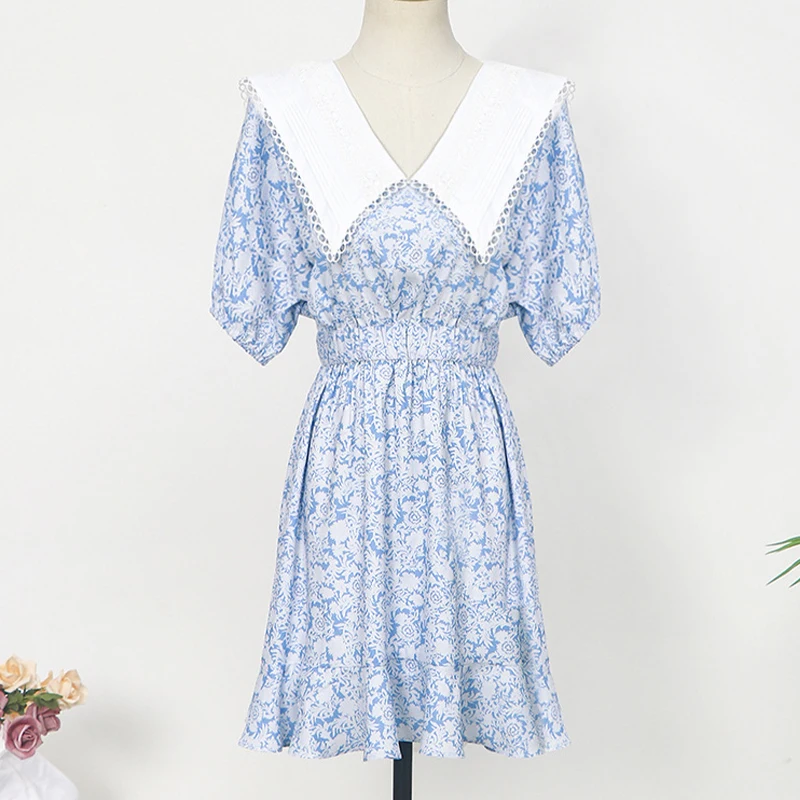 

Sky Blue Floral Dress for Women 2021 Summer Dress White Sailor Collar Batwing Sleeve Elastic Waist Short Mini Dress Vestidos