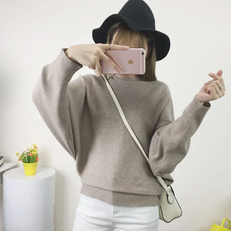 Autumn Winter One Line Neck Bat Sleeves Loose Pullover Sweater Women