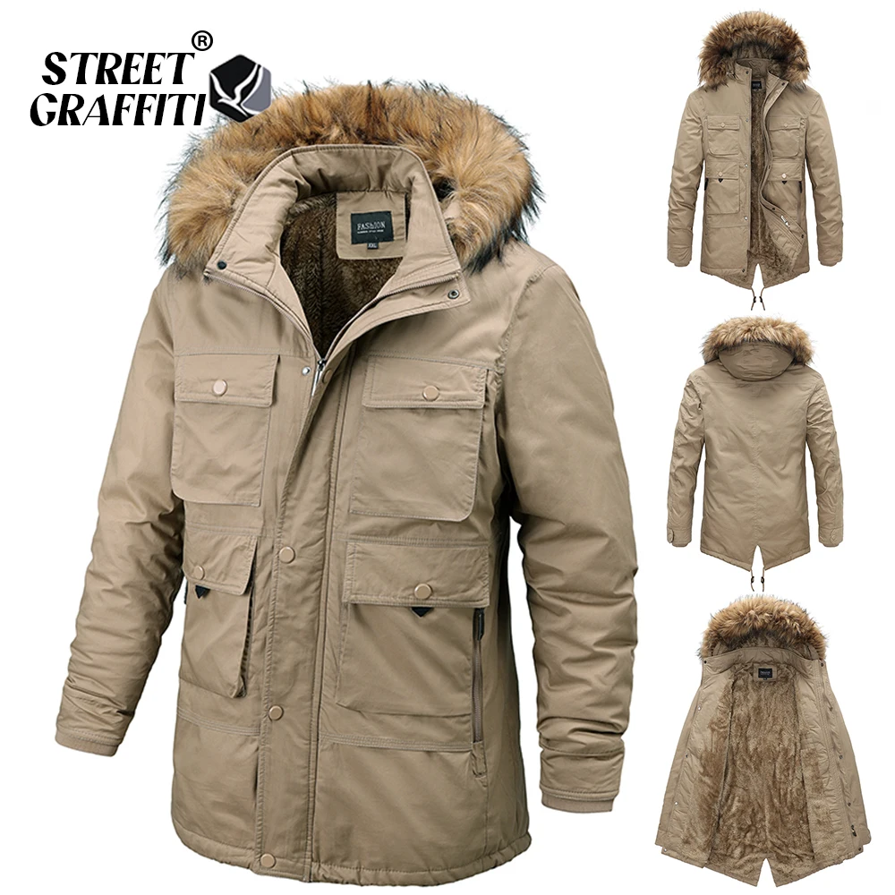 2023 homens inverno casual grosso quente algodão parkas outono à prova de vento do vintage qualidade jaqueta casacos gola de pele moda chapéu parka masculino