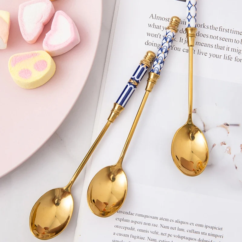 1pc Gold-plated Ceramic Long Handle Spoon Stainless Steel Dessert Coffee Milk Stirring Spoon Teaspoon Kitchen Tableware Utensils