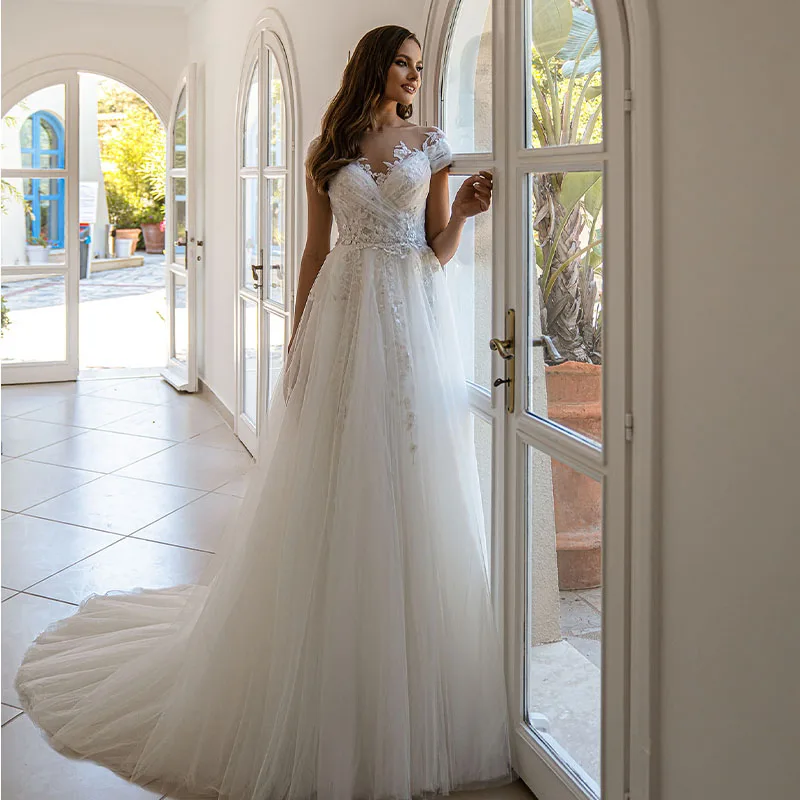 Elegante Trouwjurk 2022 Korte Mouwen Boho Bruid Jurken Voor Vrouwen Een Lijn Ivoor Kant Applicaties Wedding Gown Terug Knop