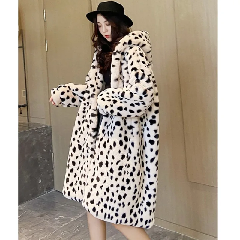 2023 Winter Fur Coat Women Leopard Print Mink Fur Plush Jacket Women Long Hooded Korean Loose Thick Warm Female Parker Jacket