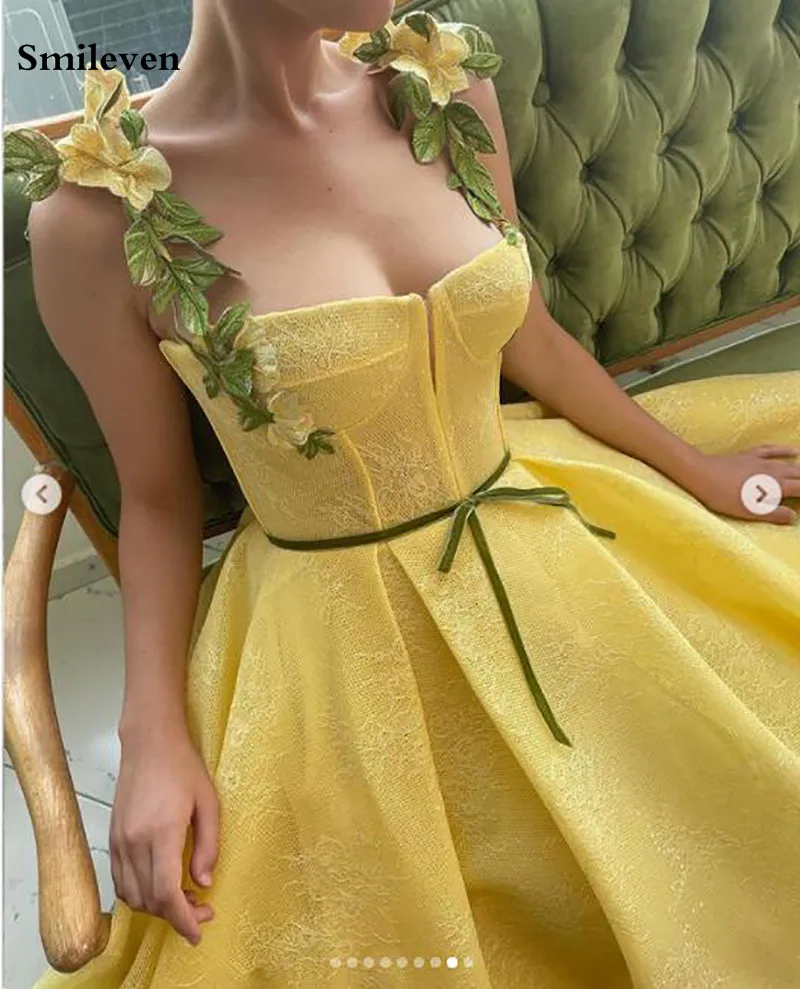 Smileven Yellow Short Prom Dresses 3D Leaves Spaghetti Straps Party Dresses A Line Tea-Length Corset Short Formal Gowns