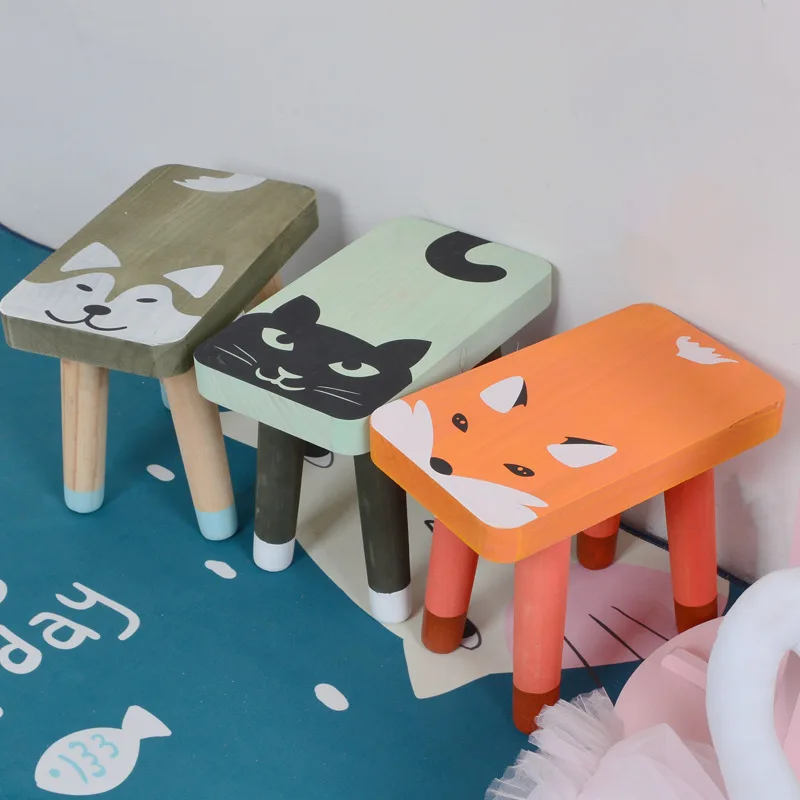 Wooden Toddler Chair Kids Cartoon Fox Cat Husky Pattern Bench  Nursery Room Kindergarten Chairs Children Room Decorations