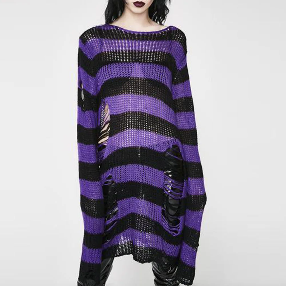 

Halloween 200 Gothic Knitted Sweater Women Long Pullovers Striped Loose Winter Ripped Plus Size Sweaters Jumpers Mujer Jersey