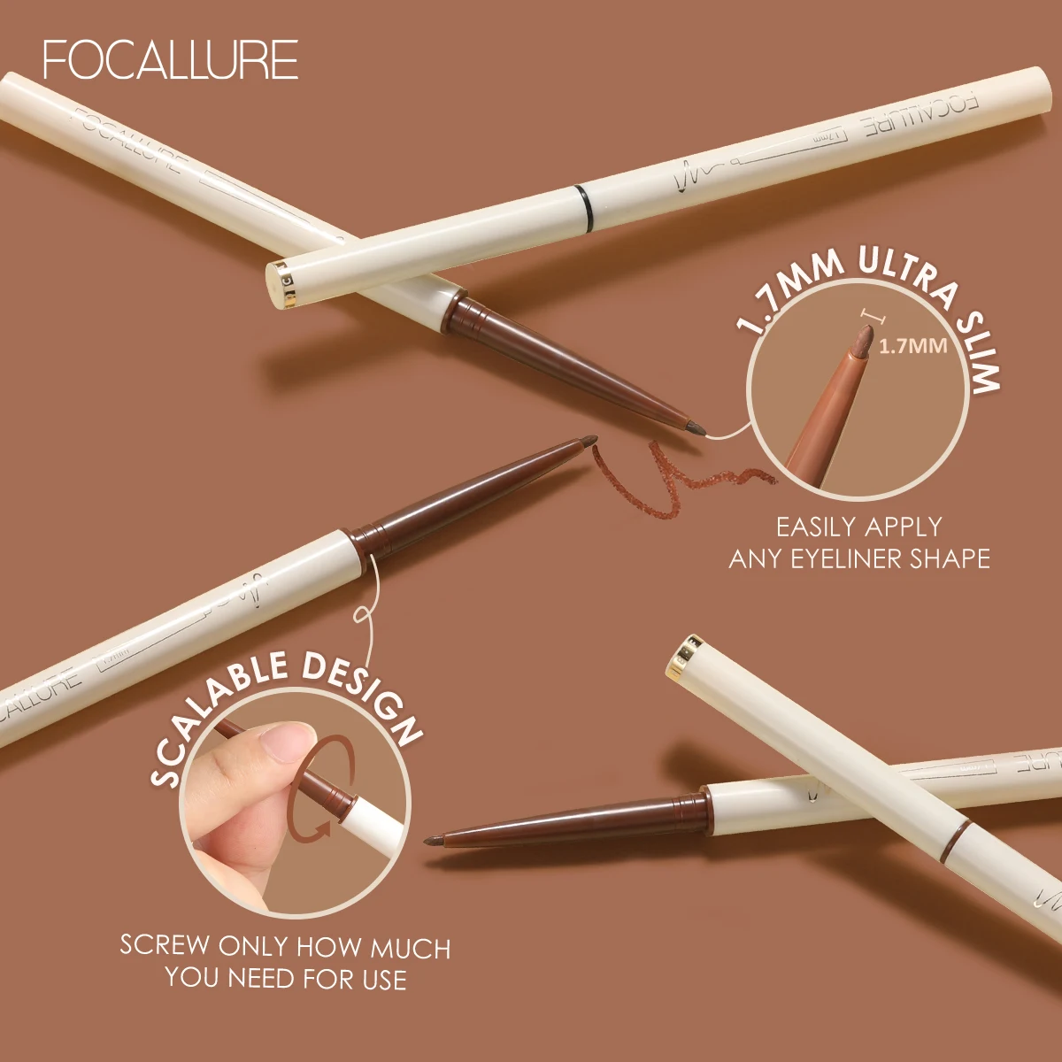 FOCALLURE Waterproof Eyeliner Gel Pencil Ultra-slim 1.7mm Soft Easy Wear High Pigment Professional Lasting Eyes Makeup