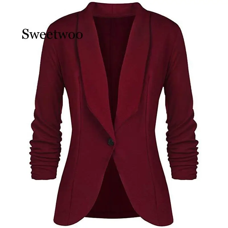 Office Lady Blazers Coat Solid Long Sleeves Cardigan Button Casual Suit Navy Blue Draped Slim Cotton Women Blazer Jacket