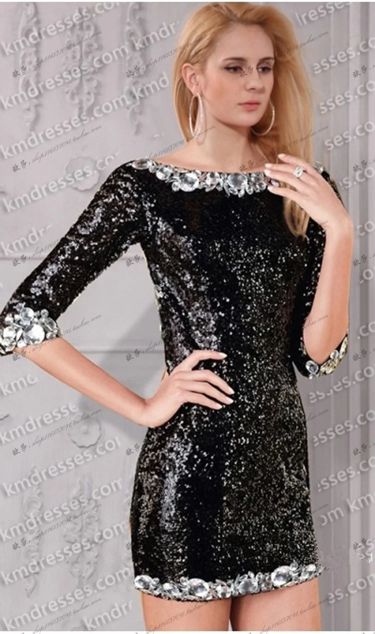 Short vestido de novia with half sleeve crytsal Women Sexy backless black sequined New Arrival Party Gown bridesmaid dresses