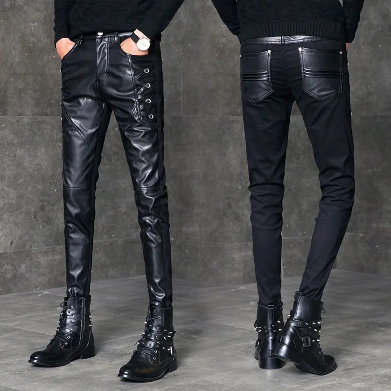 

HOO 2023 Men's Slim-Fitting Patchwork Skinny Leather Pants Teenagers Rivet Perforated PU Leather Casual Pants