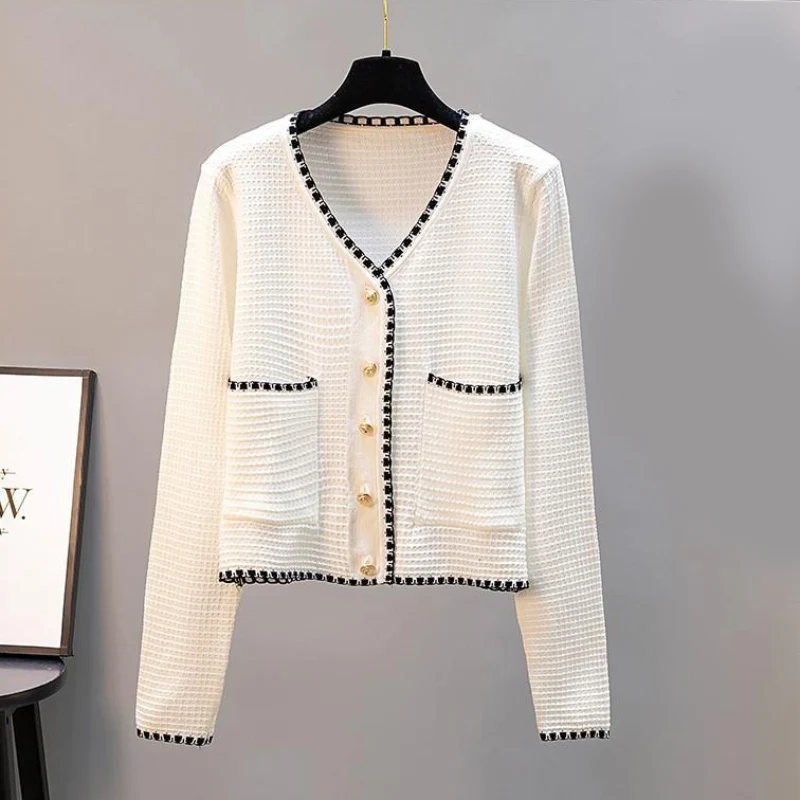 Zoki Women Cardigan Sweater Autumn Fashion V Neck Button Up Knitted Thin Jacket Korean Long Sleeve Casual Black White Coat