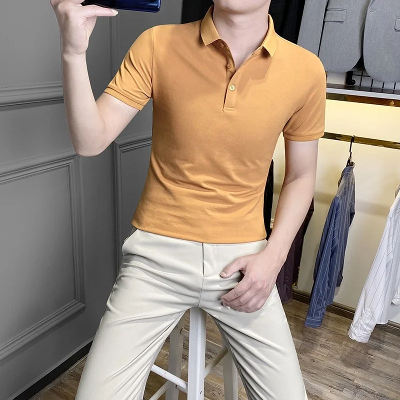 Short-Sleeve Men T-Shirt Lapel Single-Breasted Slim Fit Males Solid Casual Pullover Tops Korean Style Summer Thin White Blue