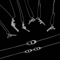 Punk Gun Handcuffs Pendant Necklace for Women Retro Pistol Unicorn Cross Stainless Steel Beads Chains Gifts Jewelry