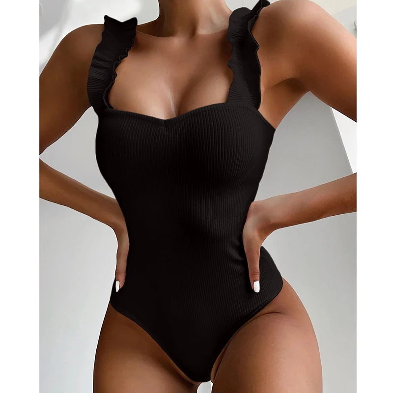 2025 New Sexy One Piece Swimsuit Women Ruffle Swimwear Bodysuit Swimsuit Push Up Monokini Solid Bathing Suits Summer Beach Wear