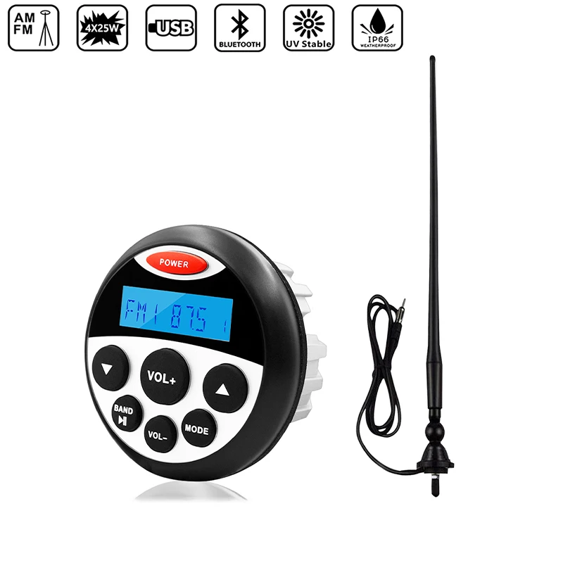 

Marine Waterproof Stereo Audio Bluetooth Media Receiver Car MP3 Player+Radio AM FM Antenna For RV Yacht ATV Tractor Motorcycle